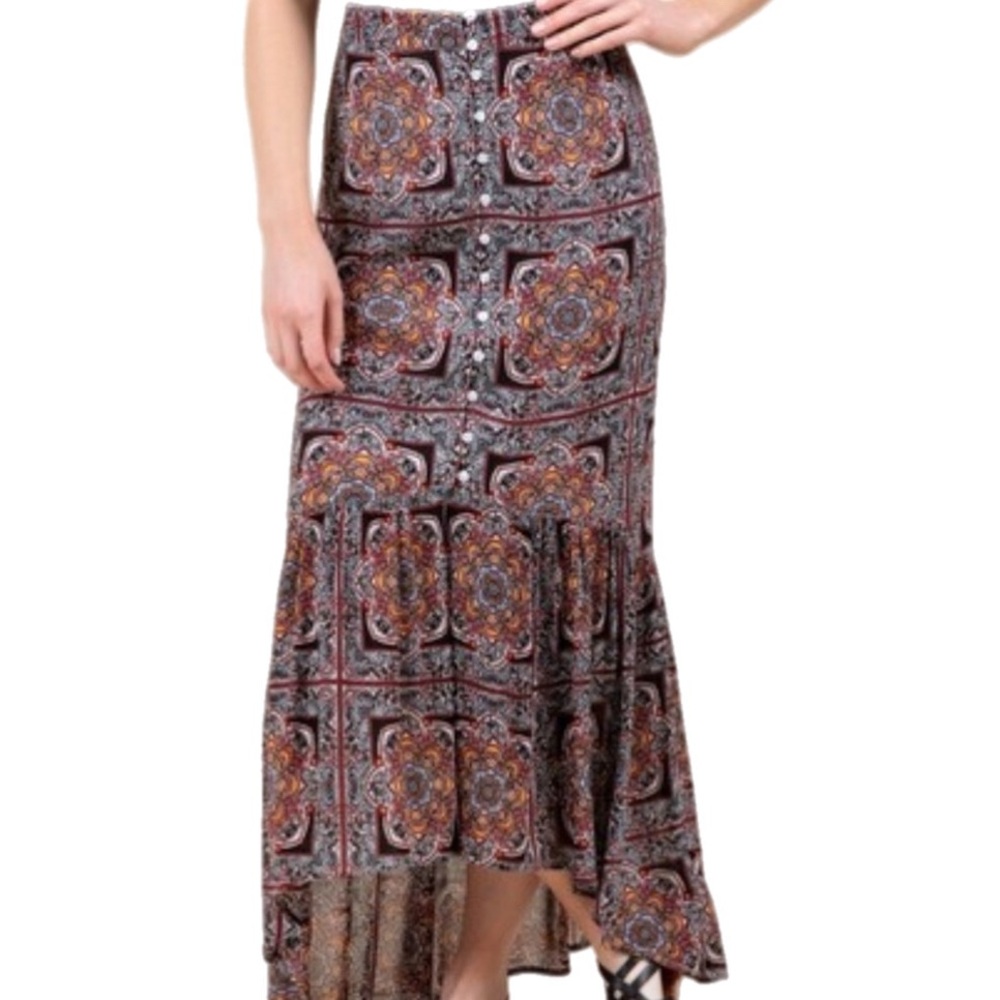 Blue Rain High-Low Maxi Skirt Sz Small Mandala Mermaidcore Button Front Western